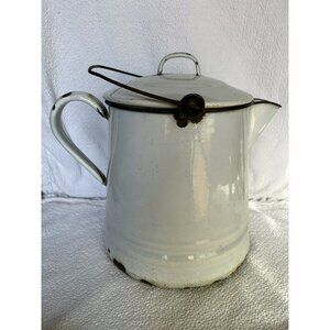Antique Rustic White Enamel Ware Metal 3 Gallon Pot W Lid Campfire Cowboy Camp